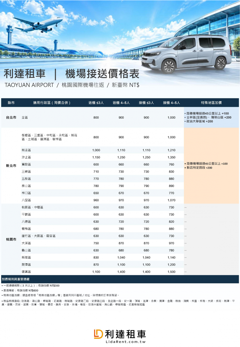  利達租車｜機場接送服務 價格表