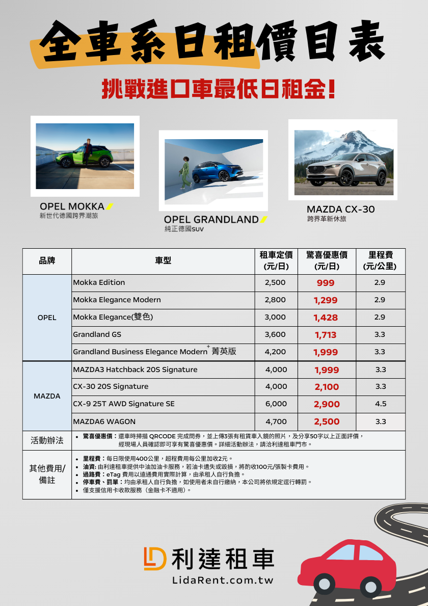 日租車-全車系日租價目表